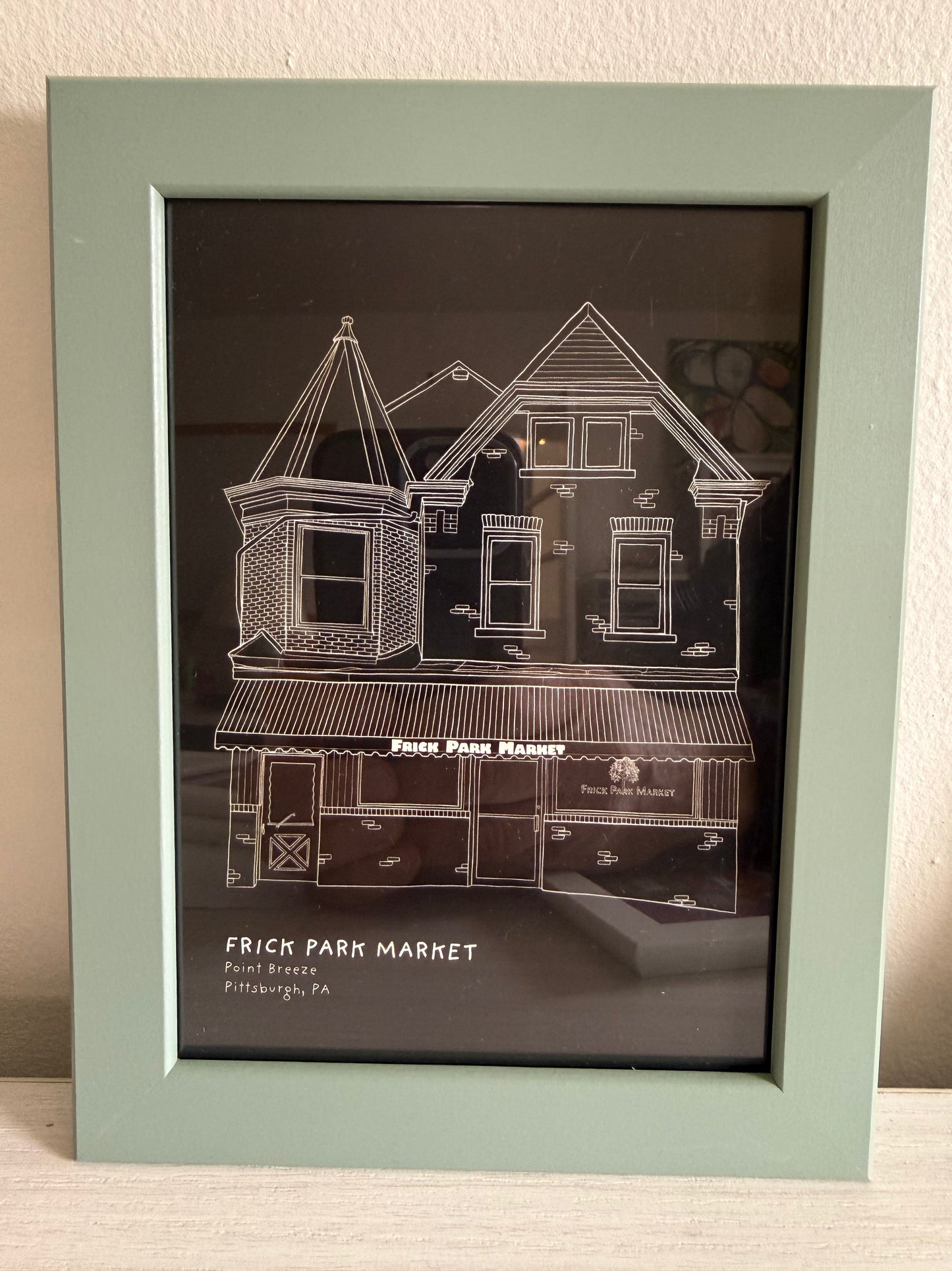 Framed Art 5 x 7 Frick Park Market illustration black white