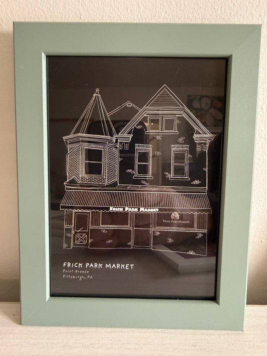 Framed Art 5 x 7 Frick Park Market illustration black white